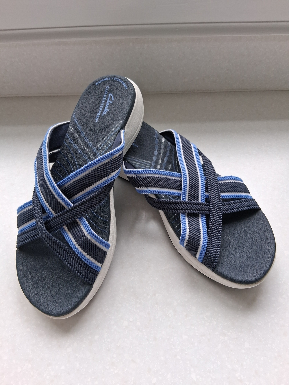 Clarks Navy and Light Blue Mira Isle Crisscross Slide Sandals
